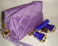 Театральный бинокль 3х25 лорнет синий с золотом в фиолетовой сумке 14х10х6см