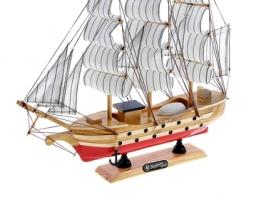 Корабль сувенирный средний - красное дно, якорь, три мачты, белые паруса с полосой