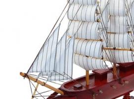 Корабль сувенирный средний - борта красное дерево, якорь, три мачты, белые паруса с полосой