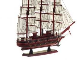 Корабль сувенирный средний - борта красное дерево с полосой, три мачты, белые паруса с полосой