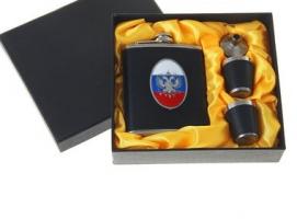 Набор подарочный 4в1: фляжка 210 мл, воронка, 2 рюмки, черный, герб России